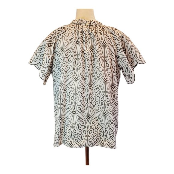 LOFT SZ S Embroidered Pattern Olive/Taupe & White 100% Cotton Short Sleeve Top - Picture 6 of 8